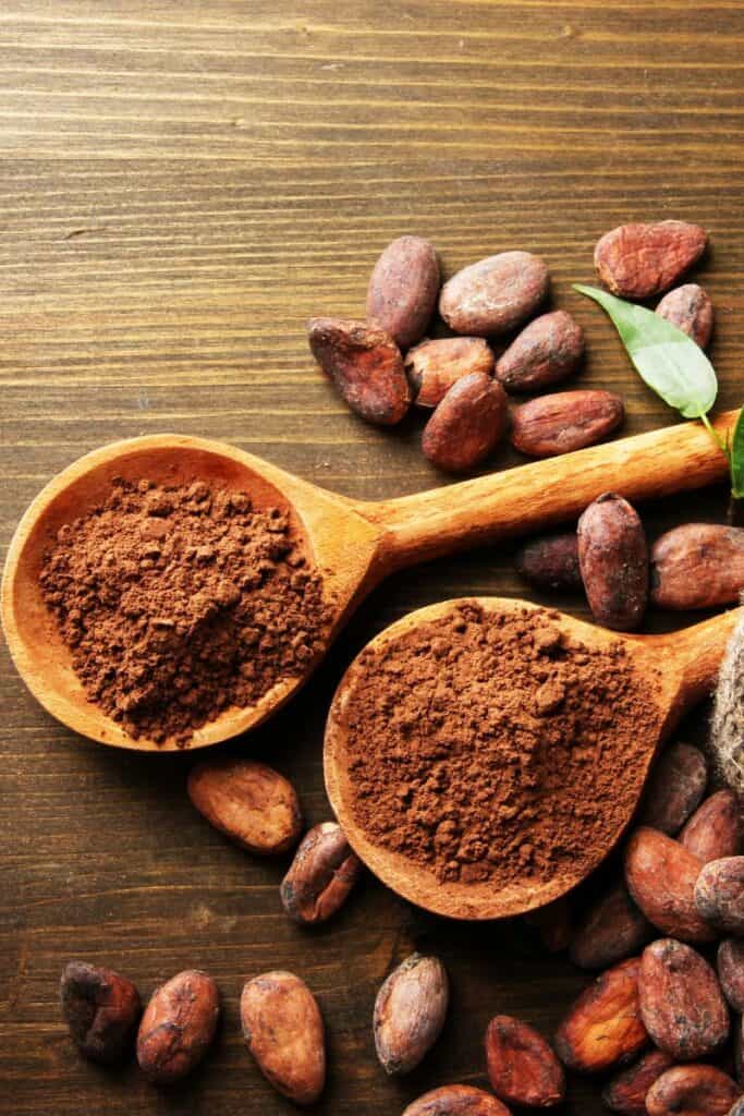 Cacao powder on wooden spoons with cacao beans on the side