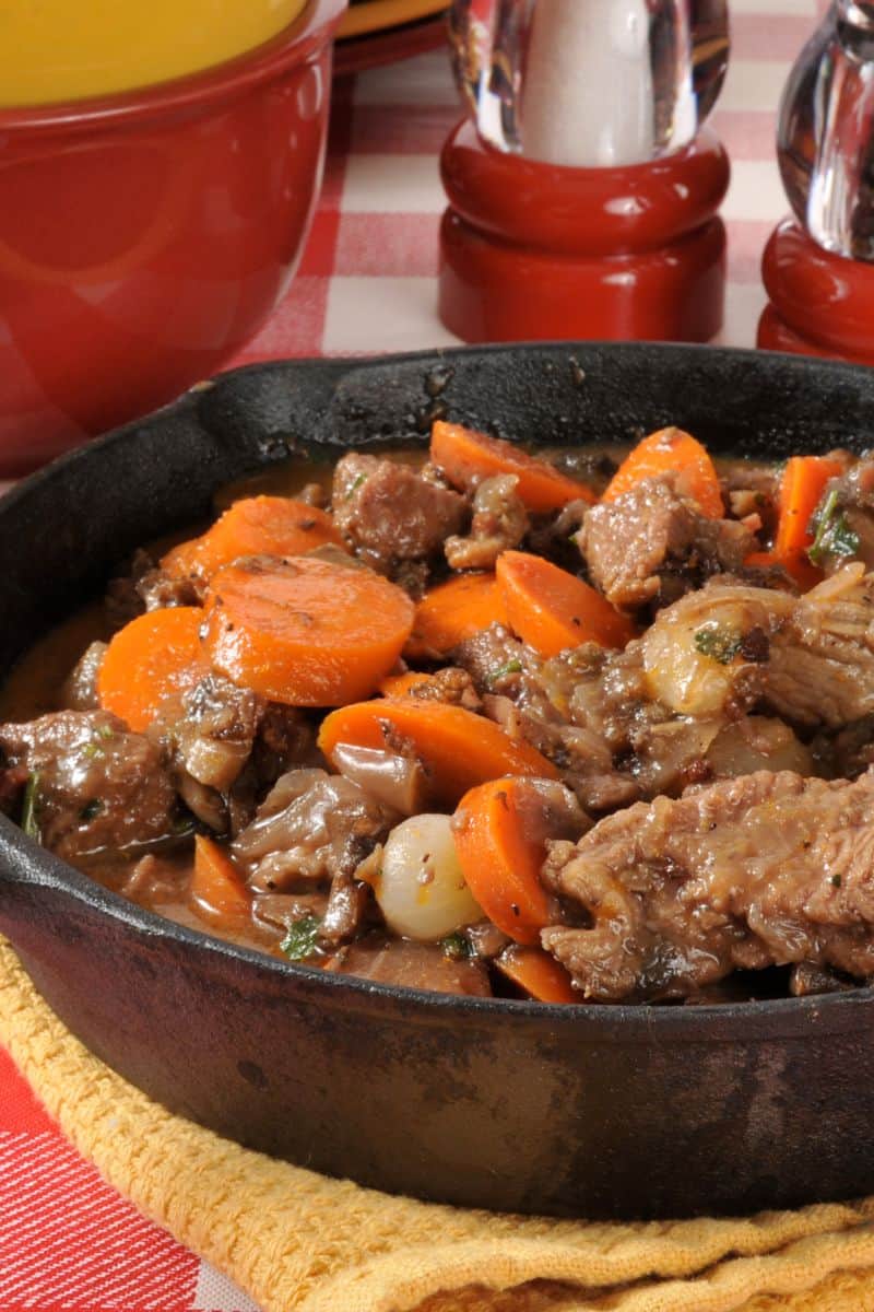 Beef stew in a cast iron skillet